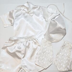 Babys Boys 4 Piece Easter L Christening White Set Silky Shirt Shorts Vest Bonnet